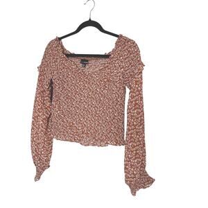 Lucy Paris Brown Ruffle Floral long sleeve smocked blouse Women Large Y2K style